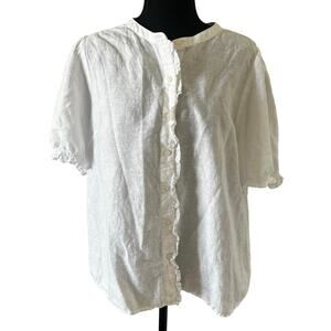 J.Crew Factory Women’s Linen Blend Ruffle Short Sleeve Button Up Top White XL